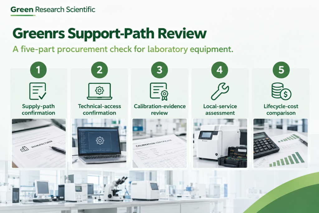 Green Research Scientific infographic outlining five key checks for laboratory equipment procurement.