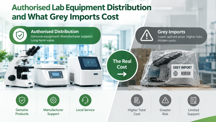 Infographic comparing authorised lab equipment distribution and grey imports, highlighting product quality, support, costs and risks.