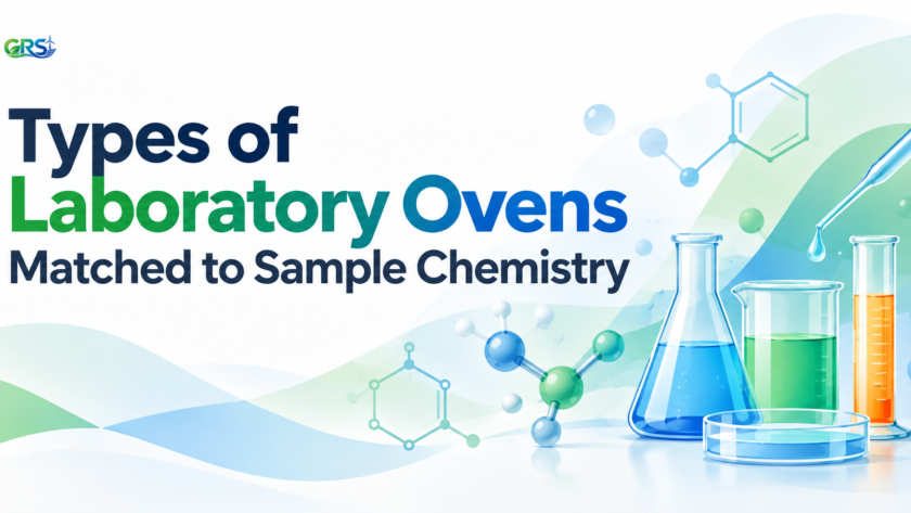 Illustration of laboratory equipment, including test tubes and flasks filled with colorful liquids, with molecular structures in the background and the text “Types of Laboratory Ovens Matched to Sample Chemistry.”