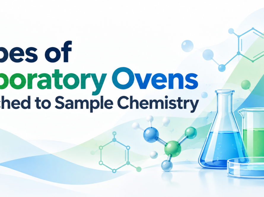 Illustration of laboratory equipment, including test tubes and flasks filled with colorful liquids, with molecular structures in the background and the text “Types of Laboratory Ovens Matched to Sample Chemistry.”