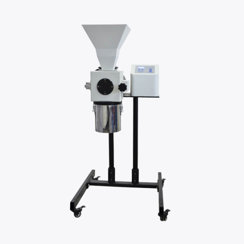 Laboratory cutting mill with feed hopper, sample collection container, digital control panel and wheeled stand.