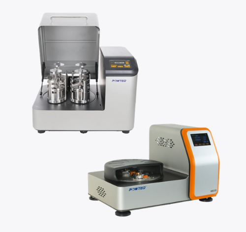 Two POWTEQ planetary ball mills with enclosed grinding jars for high-energy laboratory sample preparation.